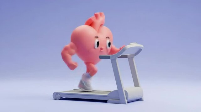 Cartoon heart character exercising on treadmill, promoting cardiovascular health.