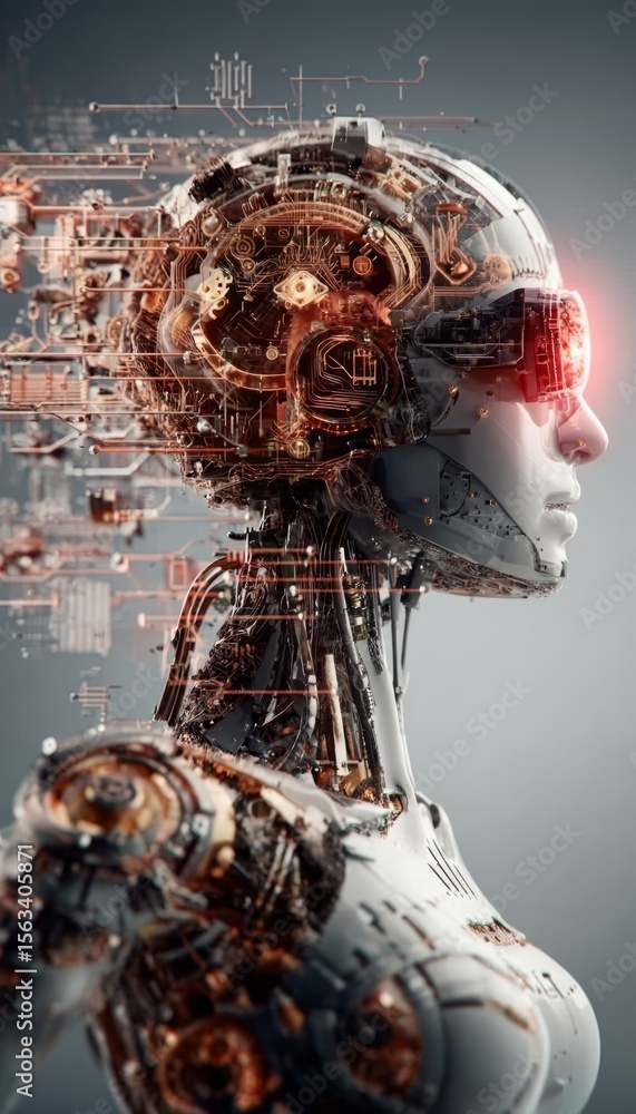 Poster futuristic stock image of a high-tech woman with advanced ai interface and robotic transformations