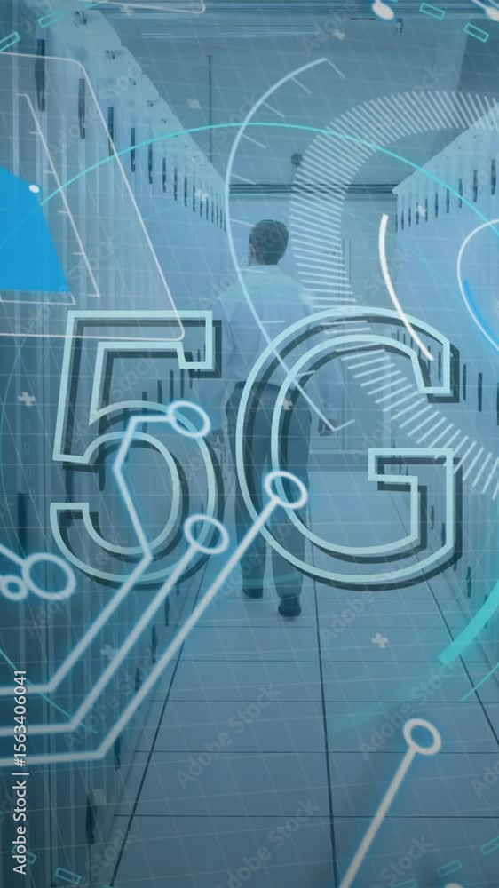 Poster animation of 5g and processing circles over servers