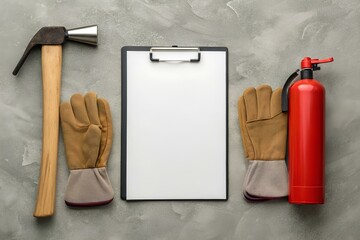 Flat lay image of fire safety tools on gray background, including gloves, hammer axe, extinguisher, and blank clipboard for fire emergency or inspection checklist