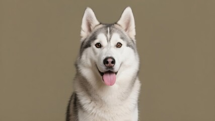A close-up portrait of a Siberian Husky with striking blue eyes and a pink tongue against a neutral background.