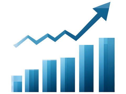 Blue bar graph with an upward trending arrow and zigzag line isolated on transparent background