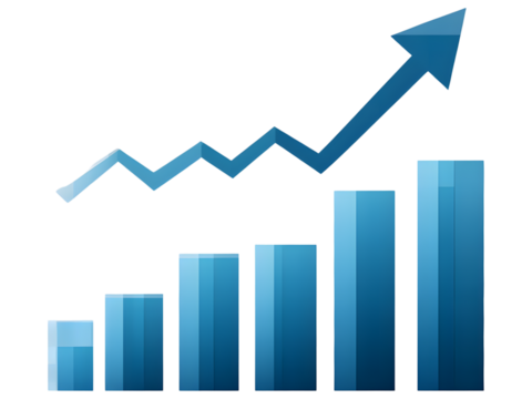 Blue bar graph with an upward trending arrow and zigzag line isolated on transparent background