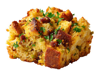 Savory Cornbread Stuffing with Sausage and Herbs isolated on a transparent background parsley
