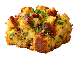 Savory Cornbread Stuffing with Sausage and Herbs isolated on a transparent background parsley