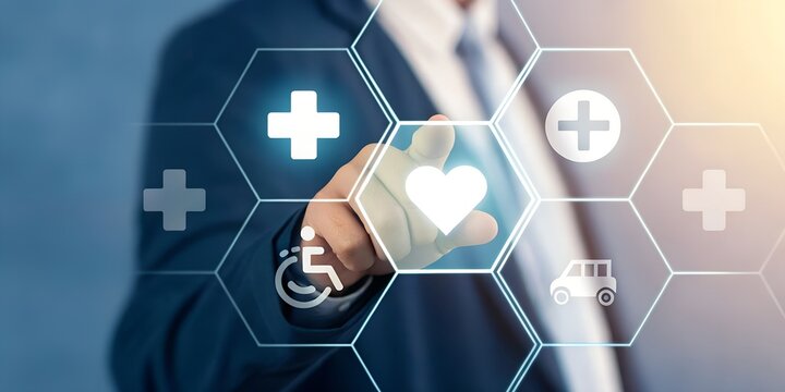 Businessman and businesswoman touch a virtual screen, pressing a digital button for future tech solutions