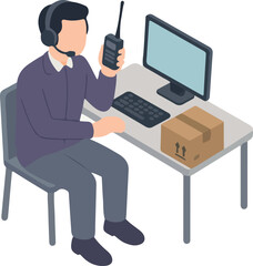 Isometric Person with Headset Holding Walkie Talkie at Desk Illustration