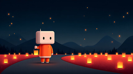 Slats personalizados com sua foto Cute robot lantern walk night During Diwali illustration wallpaper background hd desktop mobile wallpaper design