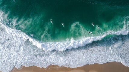 Aerial view of surfers riding green ocean waves. Neural network AI generated