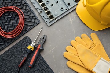 Flat lay of electrician gear including insulated gloves, screwdriver, wire, pliers and a safety helmet, arranged on a gray industrial surface