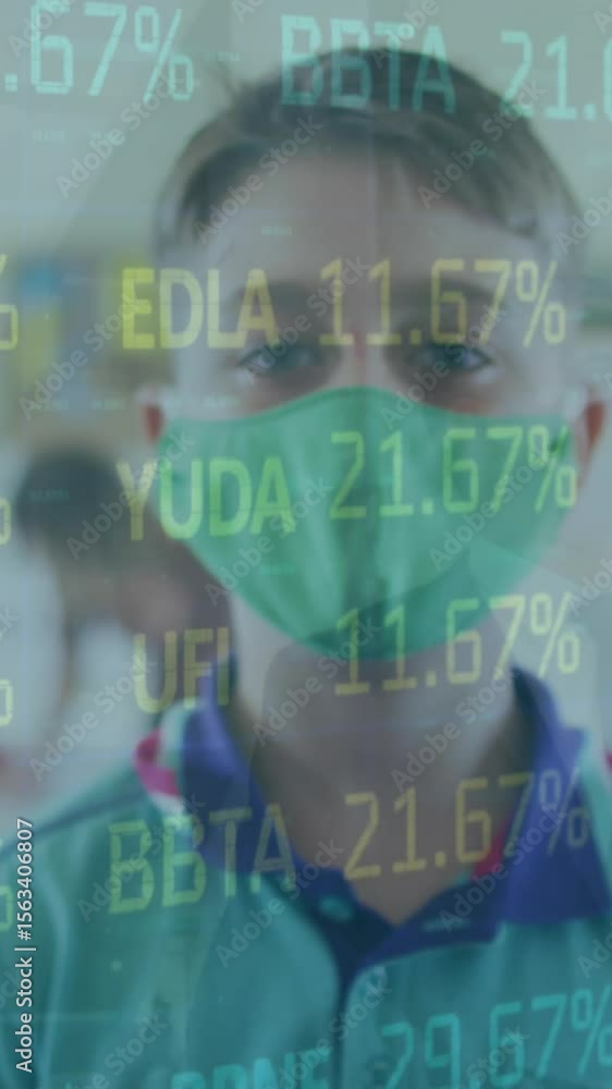 Aufkleber animation of data processing over caucasian schoolboy with face mask