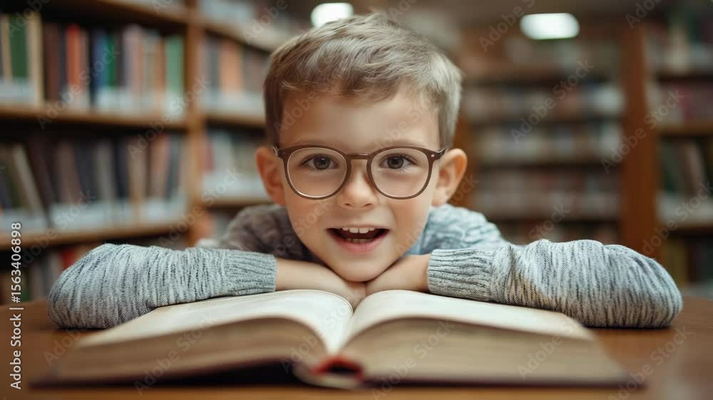 Poster happy child wearing eyeglasses smiling and resting his head on his hands while reading a book in a l