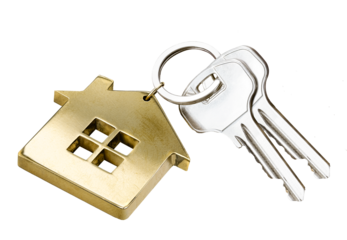 House keys with gold house shaped keychain isolated on white background