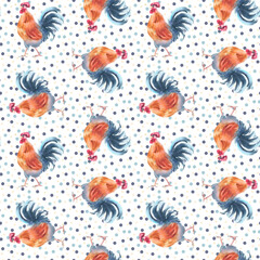 Scandinavian folk seamless pattern with watercolor roosters and blue yellow polka dots isolated. Country style with birds and dots for modern rustic branding, textile prints, eco friendly stationery.