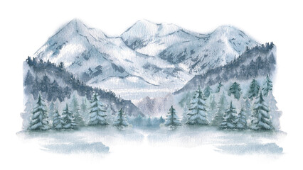 Obraz premium Winter landscape with snow covered slopes, misty fir forests and muted mountain peaks watercolor isolated. Hand painted minimalist woodland scenery for Christmas background, winter designs packaging.