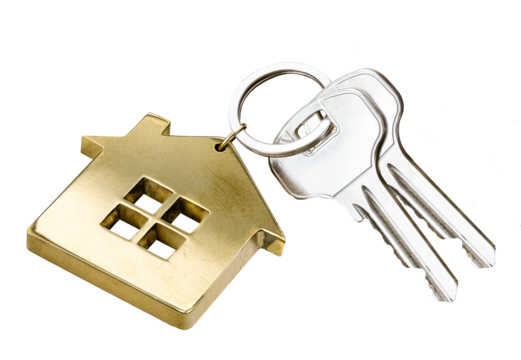 House keys with gold house shaped keychain isolated on white background