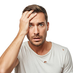 Naklejka premium Worried man with hand on head expresses concern against black backdrop