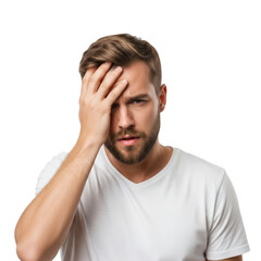 Fototapeta premium Man expresses stress or sadness with hand on forehead, on transparent