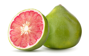 Whole and Sliced Red Pomelo isolated on a transparent Background