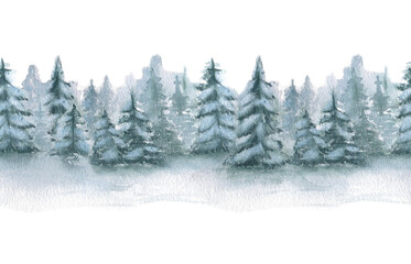 Fototapeta premium Winter woodland seamless border in soft watercolors isolated on white. Repeated spruce silhouettes covered snow hand painted in muted green greys. Winter illustration for brand holiday collections.