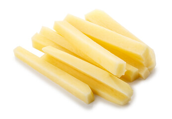 Cut raw potatoes into long strips for making French fries isolated on a transparent background