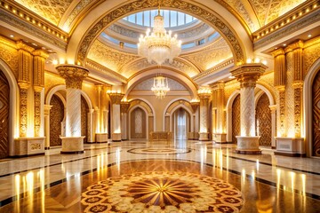 Luxurious golden palace interior with grand chandelier and marble flooring