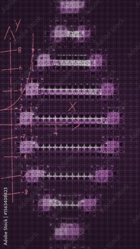 Poster animation of dna rotating over black background with math formulas