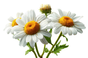 Fototapeta premium Three white daisies with yellow centers a bud and green stems on a black background isolated on a transparent background