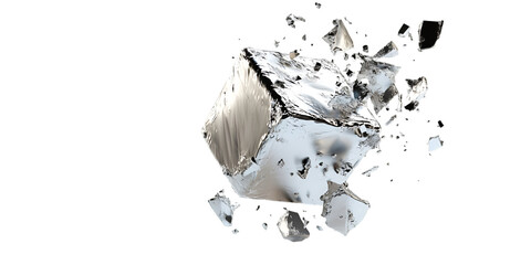 Broken Cube Shape with Floating Fragments on Transparent Background