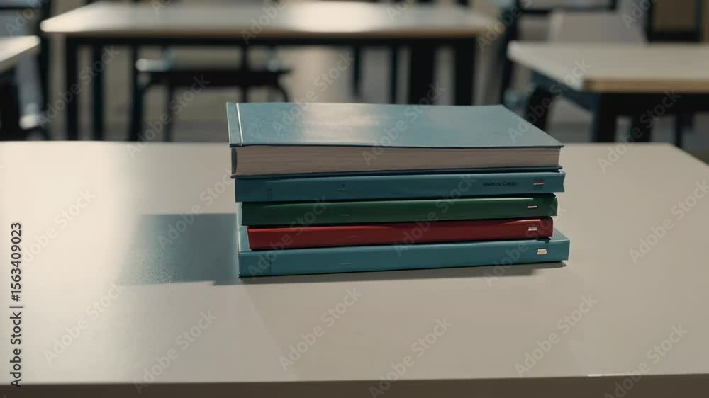 Poster Colorful textbooks sit on a white desk in an empty classroom, subtly moving as if touched by a gentle breeze, ready for the start of the school day