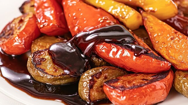 Teriyaki sauce dripping onto roasted vegetables, its glossy dark brown surface adding richness to the dish, isolated on white background,