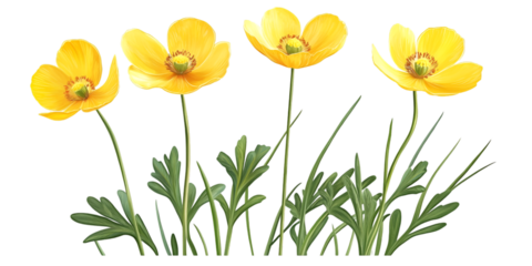 Buttercup Flower with Short Leaves on Transparent Background