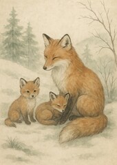 Fototapeta premium Fox family in snowy forest