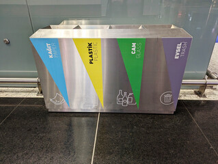 Metal garbage containers for separate waste at Istanbul Airport