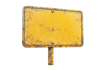 Rusty yellow blank metal sign on post isolated on a transparent background