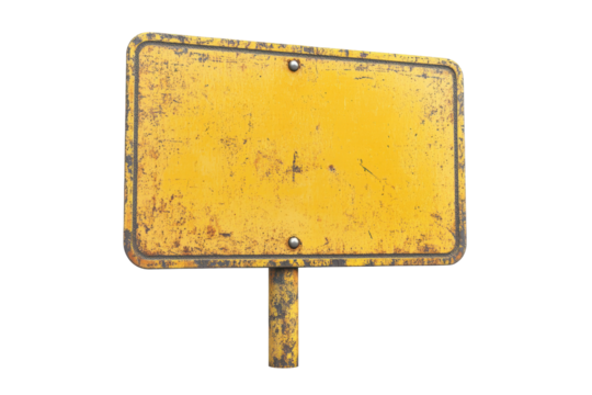 Rusty yellow blank metal sign on post isolated on a transparent background