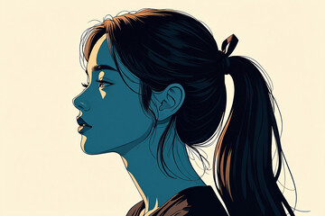 Stylized profile portrait of a young woman with dark hair in a ponytail