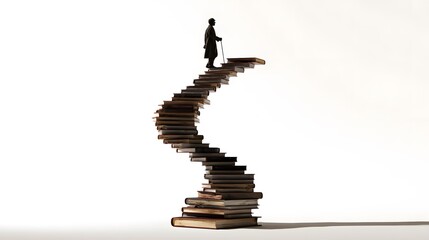 Artful Silhouette Figure Scaling a Classic Book Staircase to Evoke Wisdom and Empowerment