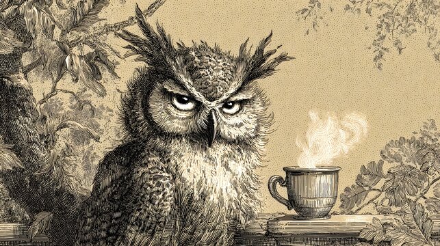 Vintage style illustration of a cranky owl with wild plumage humorously battling Monday blues with a steaming cup of coffee