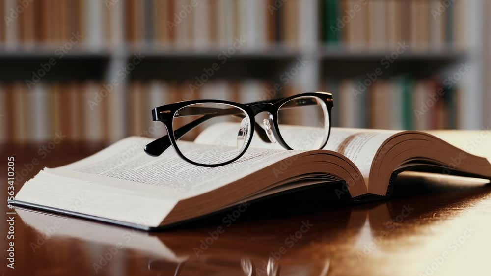 Poster Vintage reading glasses resting on open book pages with wooden table surface, library bookshelf softly blurring background, embodying scholarly contemplation and quiet learning environment
