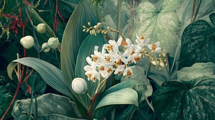 Hyper-detailed natural illustration of Ludisia discolor orchid with vibrant botanical essence in a tropical realm
