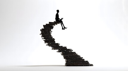 Artful Silhouette Figure Scaling a Classic Book Staircase to Evoke Wisdom and Empowerment