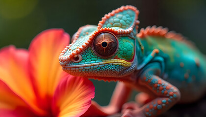 Obraz premium A colorful chameleon and a green iguana, both exotic reptiles, are perched on branches in nature, showcasing their scales and eyes in the wild