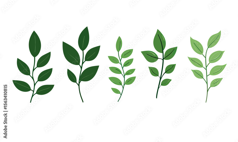 Poster set of five green leaf branch icons with varying shades of green in flat minimalist vector style iso