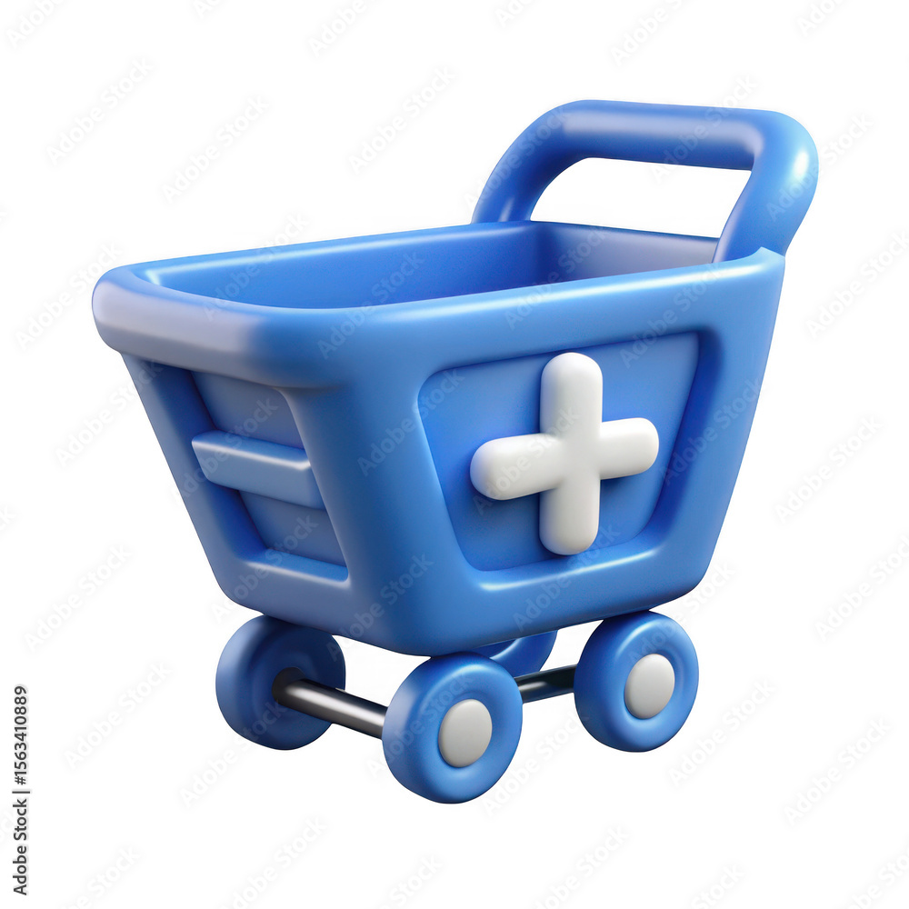 Poster 3d render of blue shopping cart icon with plus sign isolated on transparent background