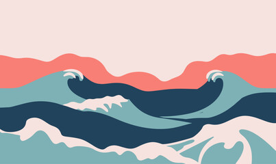 Naklejka premium Abstract minimalist ocean waves with white crests and sun over coral hills in flat vector style landscape illustration