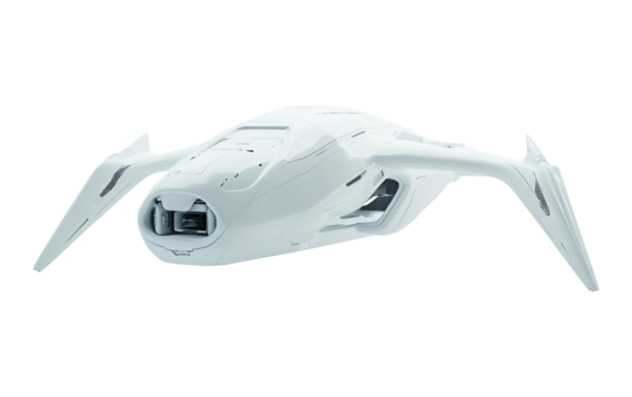 Futuristic white delivery drone carrying small parcel representing advanced shipping technology isolated on transparent background PNG