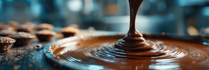 Chocolate is poured, creating waves as confections are prepared in a bustling kitchen at sunset