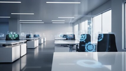 Futuristic office space with augmented reality interfaces and city view, showcasing modern workplace technology - Powered by Adobe