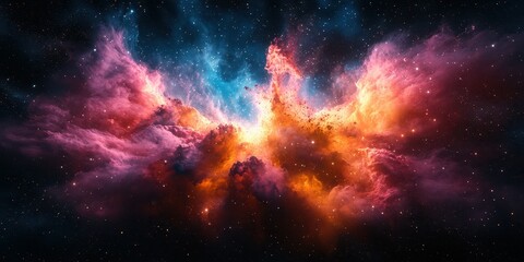 Naklejka premium Colorful cosmic cloud formation in deep space with vibrant hues of pink, orange, and blue during a stellar event